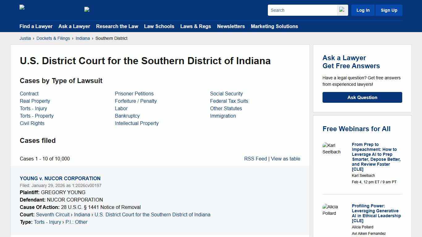 Cases, Dockets and Filings in the U.S. District Court for the Southern District of Indiana Justia Dockets & Filings