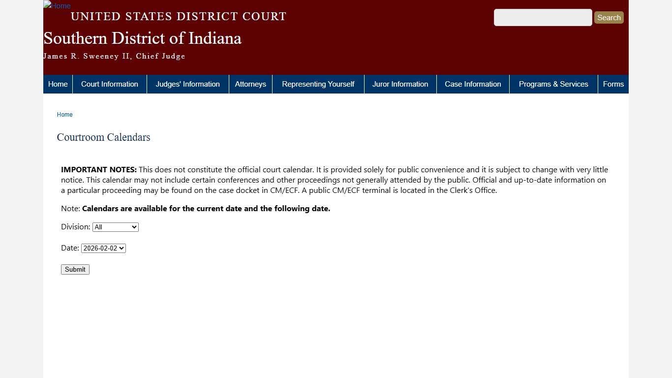 Courtroom Calendars Southern District of Indiana United States District Court